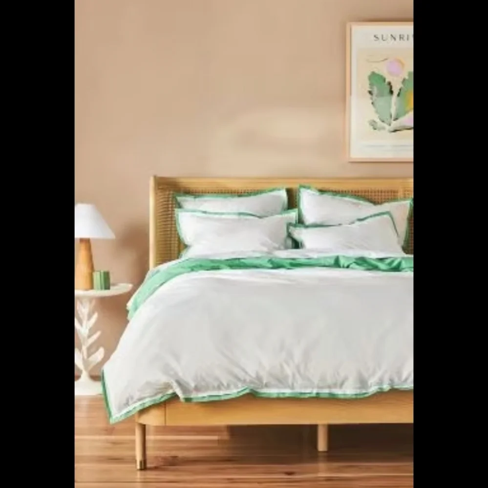 Anthropologie Tipped Contrast Percale Duvet Cover - Green 100% Cotton